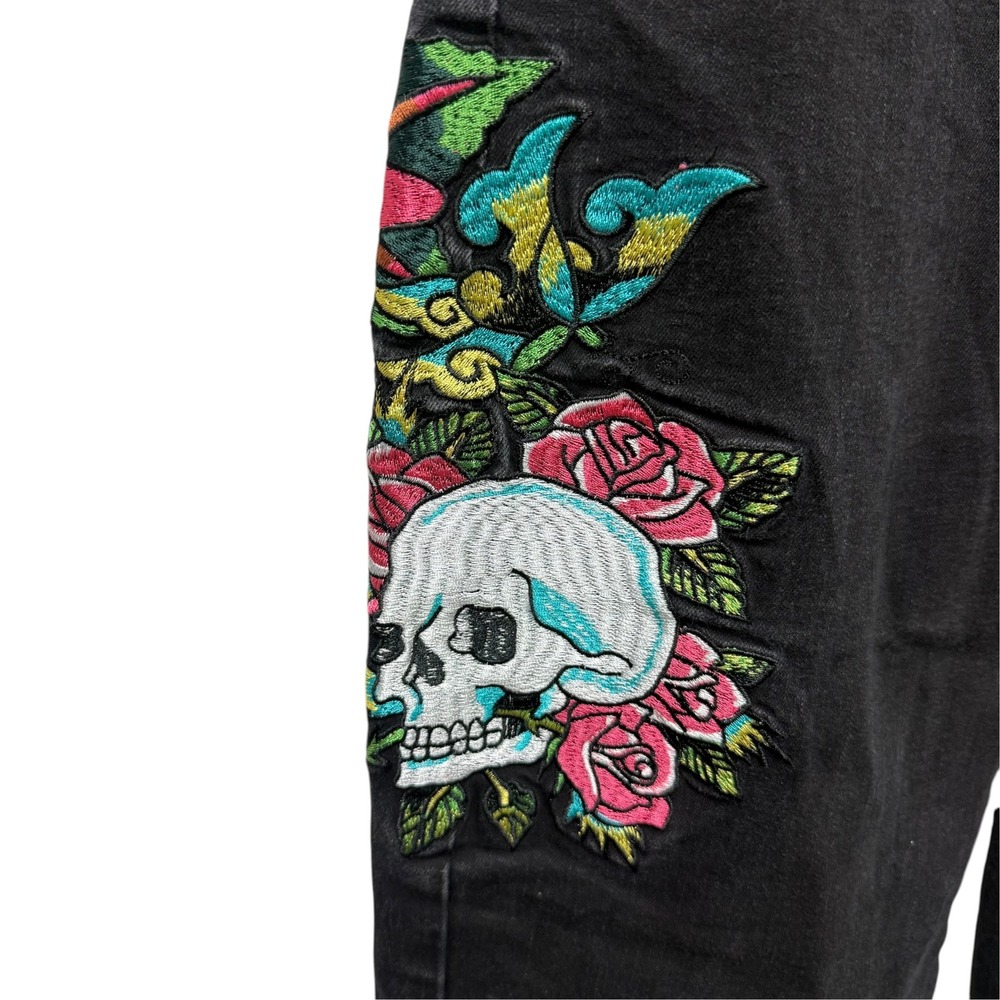 Ed Hardy Womens Black Wide Leg Jeans Skull Rose Embroidery Y2K 29 Waist - Picture 5 of 13